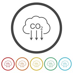 CO2 emissions icon. Set icons in color circle buttons