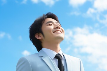 A man in a suit looking up into the sky