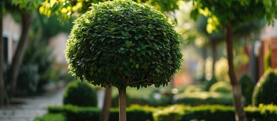 Compact tree with a round canopy, approximately 4 m in height and width. Thrives in various soils (except wet), can handle dry conditions, prefers sunlight. Suitable for pot cultivation on terraces - obrazy, fototapety, plakaty
