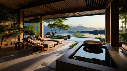 Fototapeta premium 3D render interior design concept, Tranquil Japanese Resort by the Lake Natural background: A Serene Retreat and Relax with private Onsen space. travel and vacation background