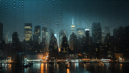 Fototapeta na wymiar Rainy window with city view