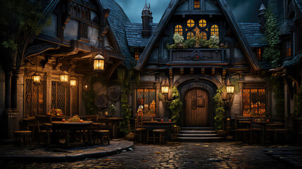 Tudor style, House Fantasy background, Creating antique design of Outdoor Spaces architecture decorate vintage concept