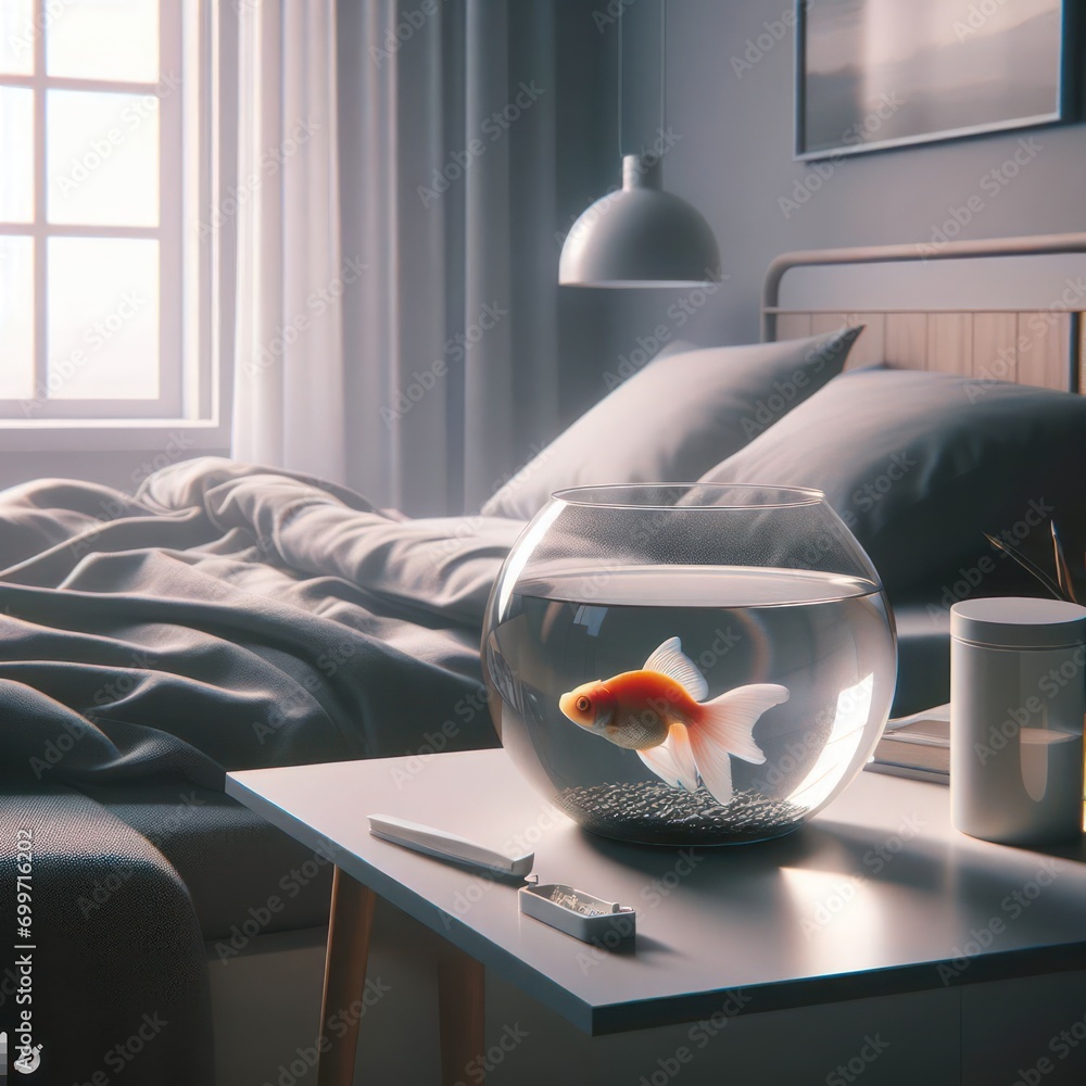 Wall mural Hyper realistic minimalistic bedroom with a small fishbowl on table with a pastel goldfish inside