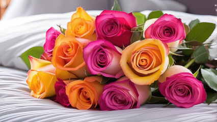 Bouquet of roses on the bed