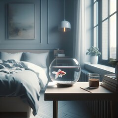 Hyper realistic minimalistic bedroom with a small fishbowl on table with a pastel goldfish inside