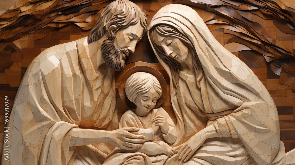 Wall mural Biblical holy family. wood veneer mosaics. hyperrealism. 