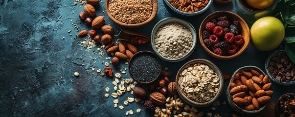 a variety of nuts and fruits are arranged in bowls on a table - obrazy, fototapety, plakaty