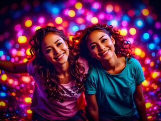  two women standing side by side in front of a colorful stage