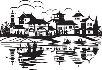 Nostalgic Waterside Charm Town Black Vector Design Retro Riverside Serenity Vintage Black Vector Symbol