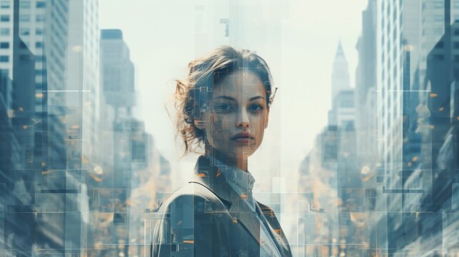 business ideas concept urban city lifestyle woman in busy finance district and transportation Double exposure image of a woman and modern city copy space color tone filter