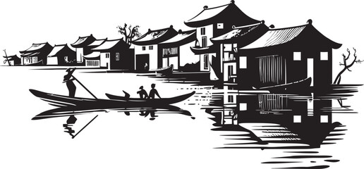 Fototapeta premium Riverine Memory Lane Vintage Town Design Riverside Heritage Black Vector Symbol