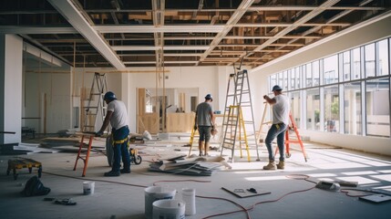 Candid moments of construction team working on a car dealrship project  - obrazy, fototapety, plakaty