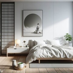 Hyper realistic white & grey minimalistic bedroom, Japandi Style, a hot green tea cup & a candle on bedside table