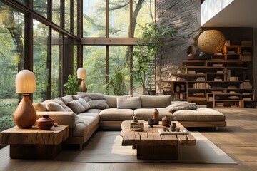 Chic living room design that embraces eco-friendly principles, natural light, wide windows, bright and airy feel - obrazy, fototapety, plakaty