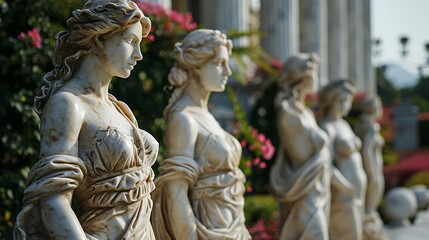 a row of statues of women standing next to each other