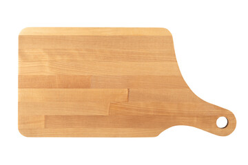 Wooden cutting board with a curved handle on a white background.