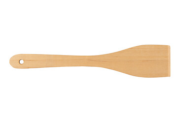Top view of a wooden kitchen spatula on a white background.