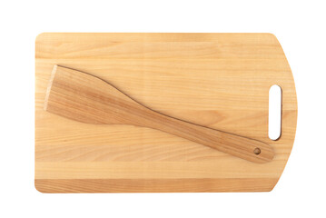 Top view of a wooden kitchen spatula and cutting board on a white background.