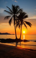 There are many tall coconut trees on the beach of Hainan Island, and the last ray of sun shines on the beach, reflecting on the rippling waves, forming a beautiful picture. 