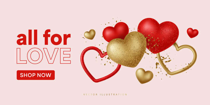 Romantic composition with 3D red and gold hearts and confetti. Vector realistic illustration