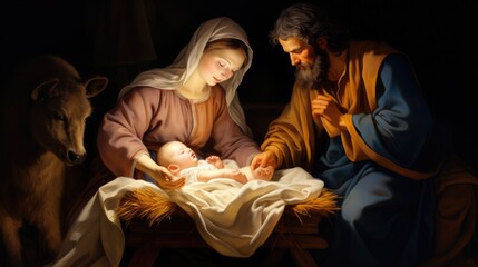 Holy family with baby jesus in the crib in style of raffael baroque painting, christnight 