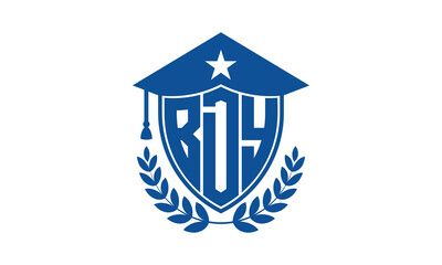 BDY three letter iconic academic logo design vector template. monogram, abstract, school, college, university, graduation cap symbol logo, shield, model, institute, educational, coaching canter, tech