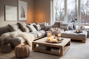 Scandinavian inspired living room with big window, cozy, elegance and a welcoming feel