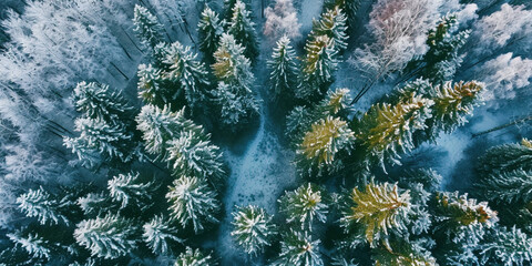 Winter in forest aerial top view. Mixed forest, green deciduous trees. Soft light in countryside woodland or park. Drone shoot above colorful green texture in nature