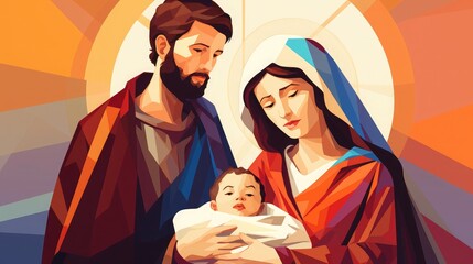 Picture of mary, joseph and baby jesus in art style 