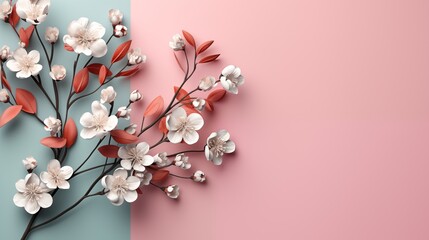 Beautiful flowers against pastel wall with copy space. Home decor, retro style. 