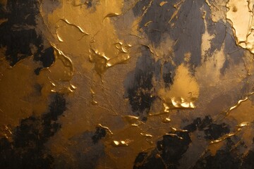 Closeup of abstract black and gold texture background. Visible oil, acrylic brushstroke, pallet knife paint on canvas. Contemporary art painting.
