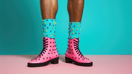 The male's legs of someone wearing a pair of screw socks on fashion background