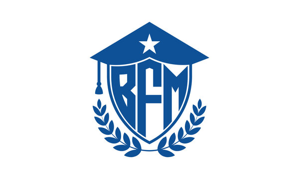 BFM three letter iconic academic logo design vector template. monogram, abstract, school, college, university, graduation cap symbol logo, shield, model, institute, educational, coaching canter, tech