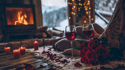 Valentines day date in a winter cabin with fireplace, red wine glasses and red rose petals, candles, window view of snow, romance, cosy, passion