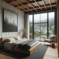 Japandi-style bedroom, minimalist, comfortable bed, reading armchair