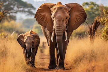 African Mother Elephant and Baby Walking Through the Beautiful Savannah Landscape
