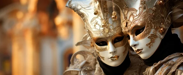 Keuken spatwand met foto  venice carnival couple at Masquerade ball at Venice with ornate masks and luxury costumes, horizontal banner, copy space for text © XC Stock