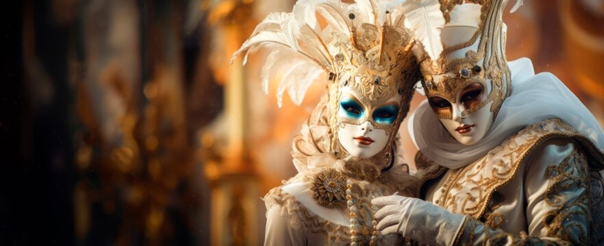  venice carnival couple at Masquerade ball at Venice with ornate masks and luxury costumes, horizontal banner, copy space for text