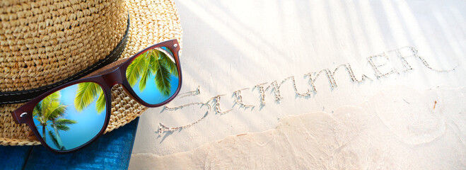summer tropical holiday, tropic holidays banner. sand beach from above with straw bucket hat and...