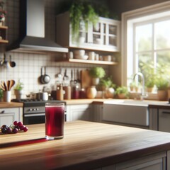 Kitchen counter with cranberry juice, blurred background of kitchen with plants, bright and natural dalylight, ultra-realistic
