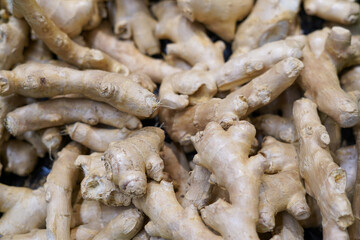 Fresh organic ginger in the box on fresh market
