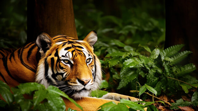 Portrait of a Bengal Tiger lying on a grass in a forest