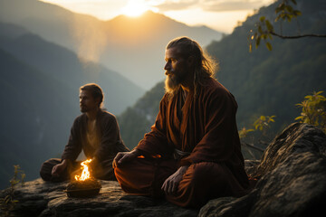 Beared male men practicing breathing yoga pranayama in sunrise nature park. Stable mental health, meditating for inner peace zen balance. unity connection with yourself wellness concept - obrazy, fototapety, plakaty