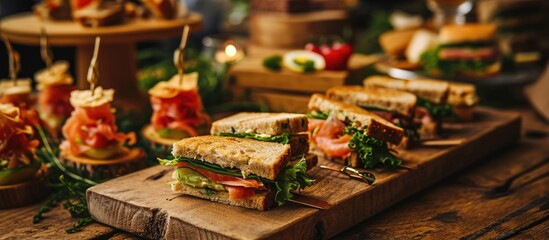 Tasty finger food spread with smoked salmon sandwiches, chicken and lettuce sandwich quarters.