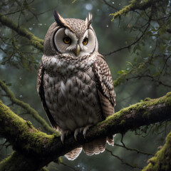 Close-up of an owl on a tree branch in the forest. Generative AI
