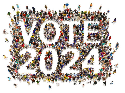 People that are registering and voting in 2024 election concept. Large group of people walking to and forming the shape of the word text vote 2024 on a white isolated background. 3d rendering.