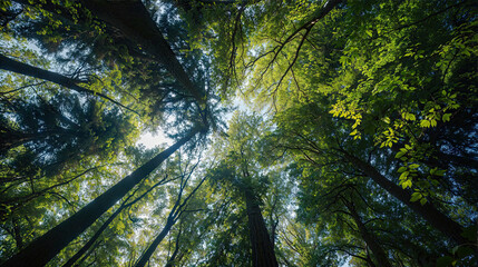 Naklejka premium vue en contre-plongée d'une forêt aux grands arbres à feuilles caduques