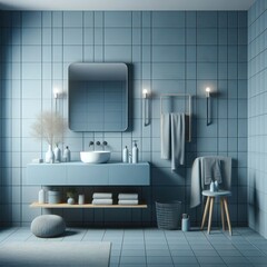 Minimal tiles modern bathroom, minimal small bathroom, blue color