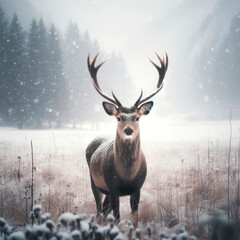 a deer with antlers standing in a snowy field with snow falling on it. ai generative