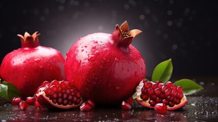 Pomegranate fruit on a wooden table with black background
